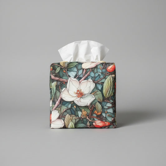 Cube tissue box cover with magnolia blossoms and vines on linen fabric