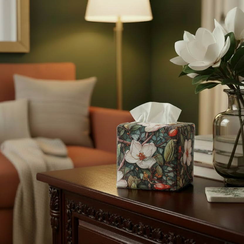 Square tissue box cover sitting on a cabinet in a contemporary home living room