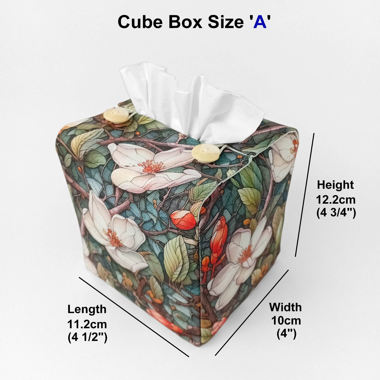 Square linen tissue box cover with product details