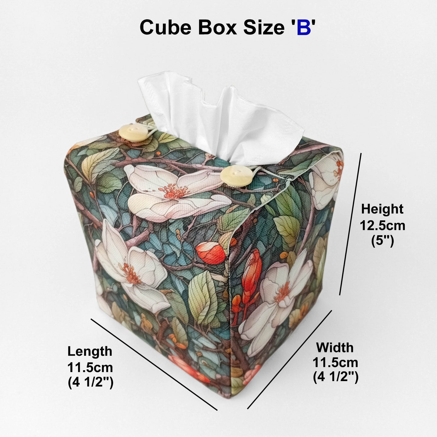 Square linen tissue box cover with product details