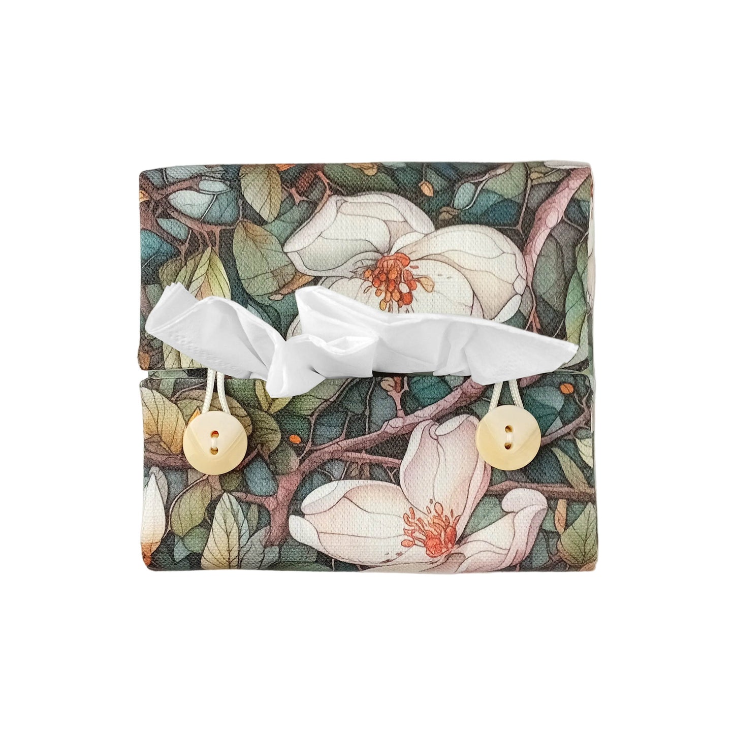 Top view of square linen tissue box cover with buttons