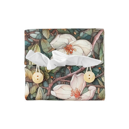 Top view of square linen tissue box cover with buttons