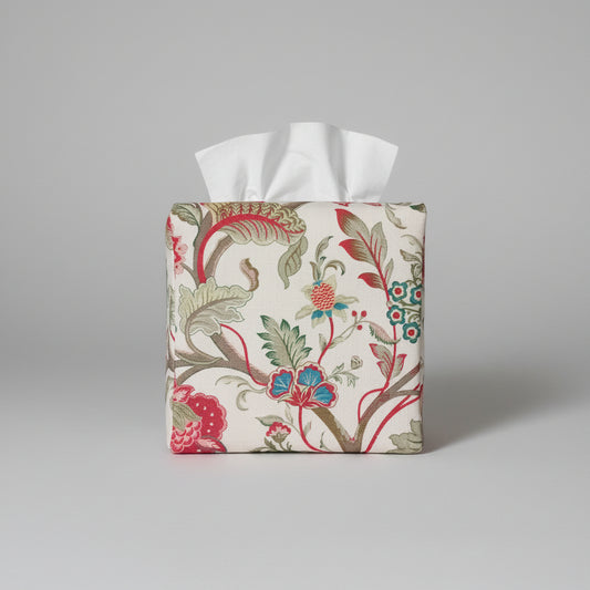 Cube tissue box cover with a colourful botanical design