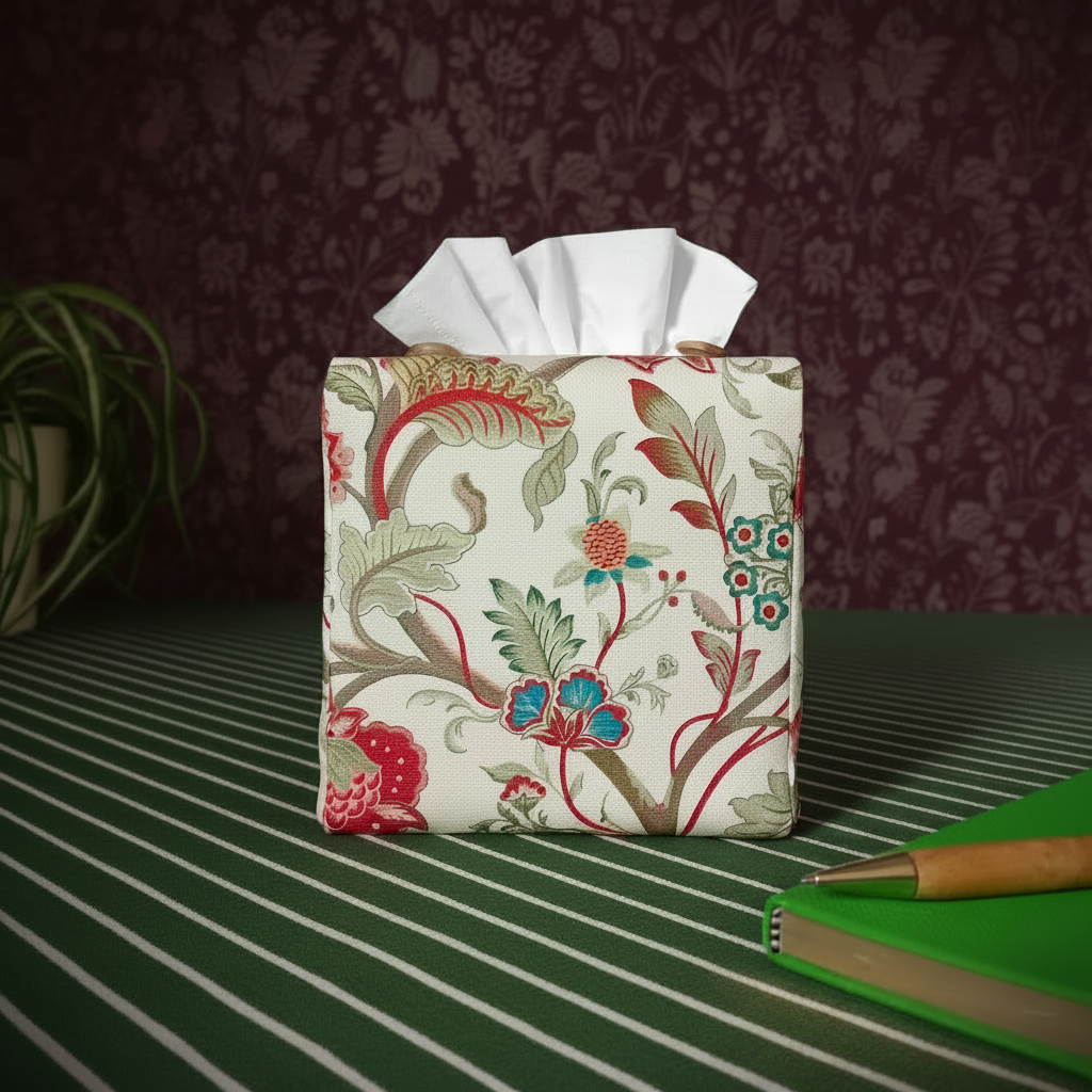 Cube tissue box cover with a colourful botanical design