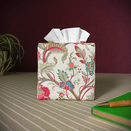 Cube tissue box cover with a colourful botanical design