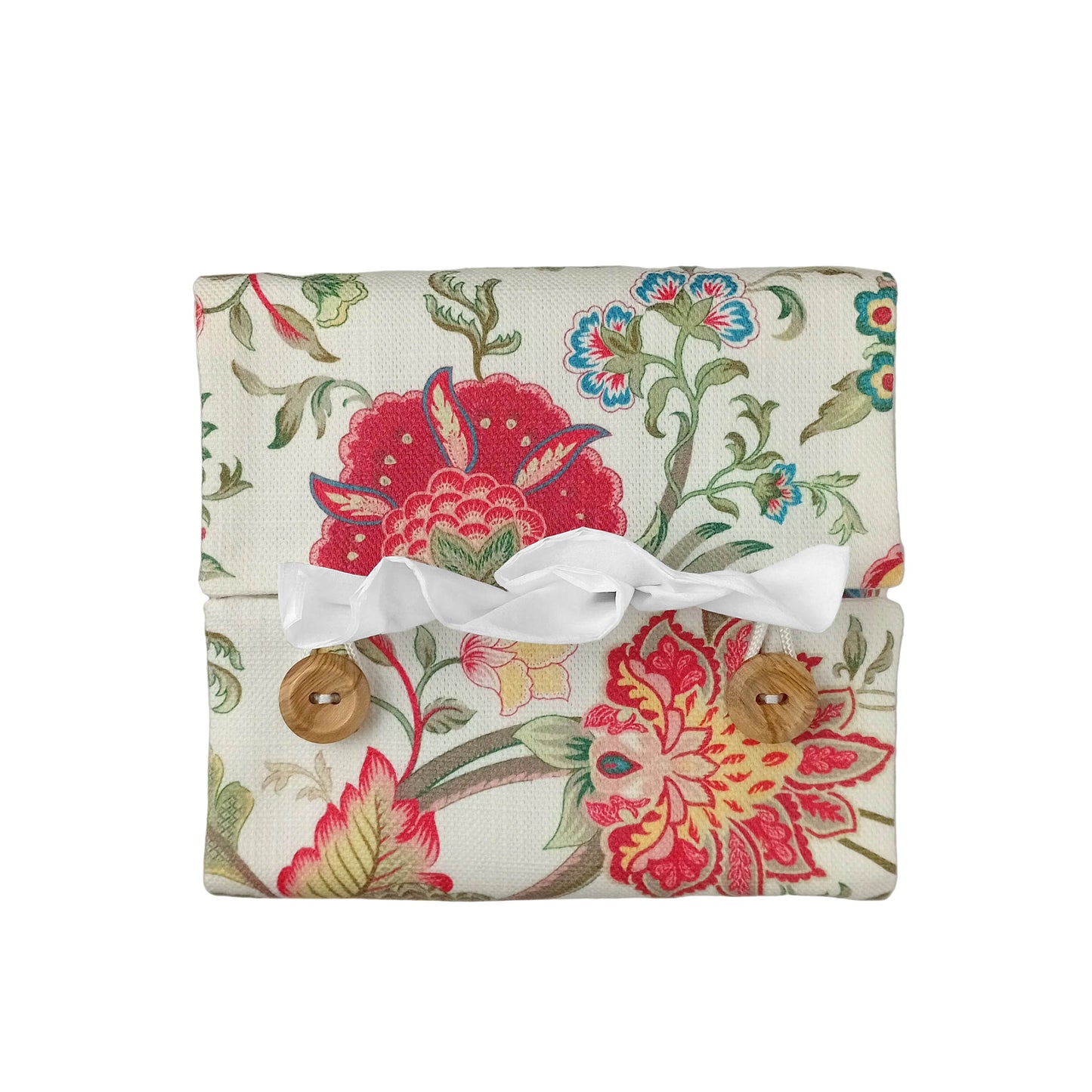 Cube tissue box cover with a colourful botanical design