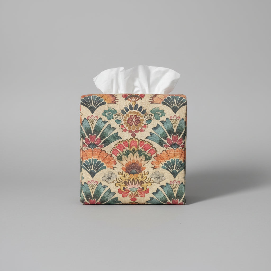 Square tissue box cover that features a colourful folding fan design on an antiqued tan background