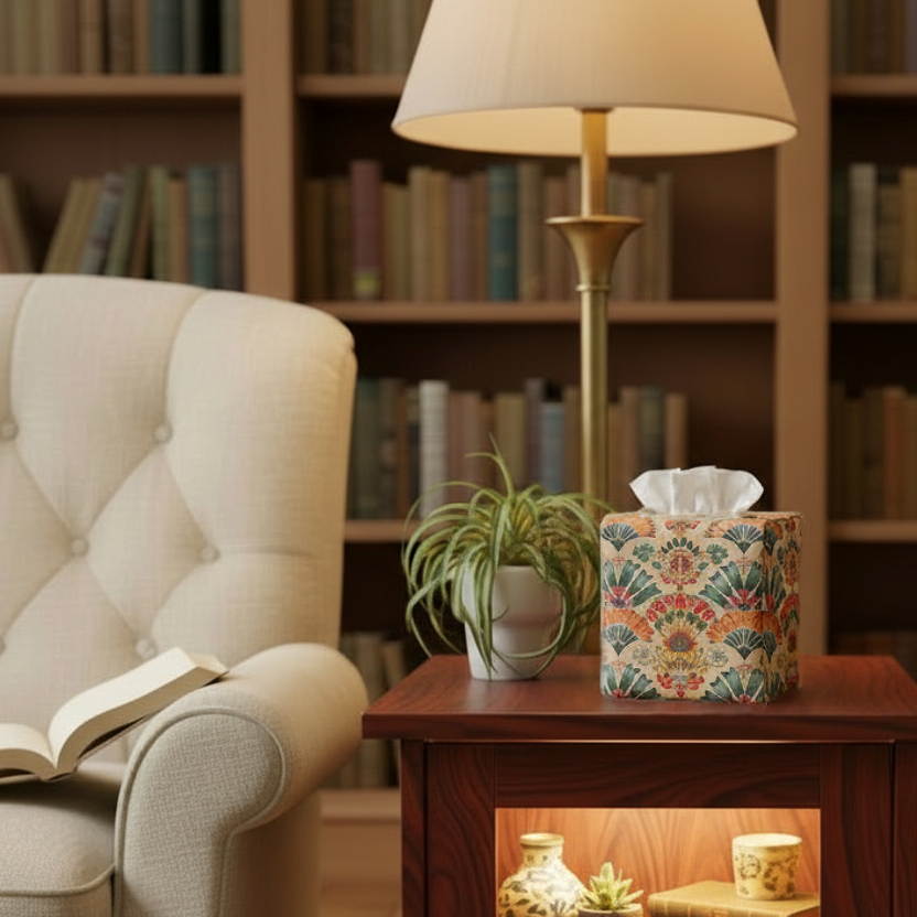 Square tissue box cover sitting on a side cabinet in a contemporary home library