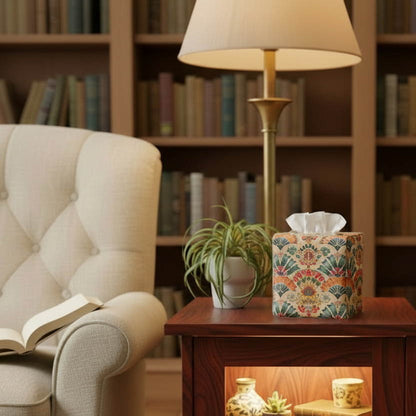 Square tissue box cover sitting on a side cabinet in a contemporary home library
