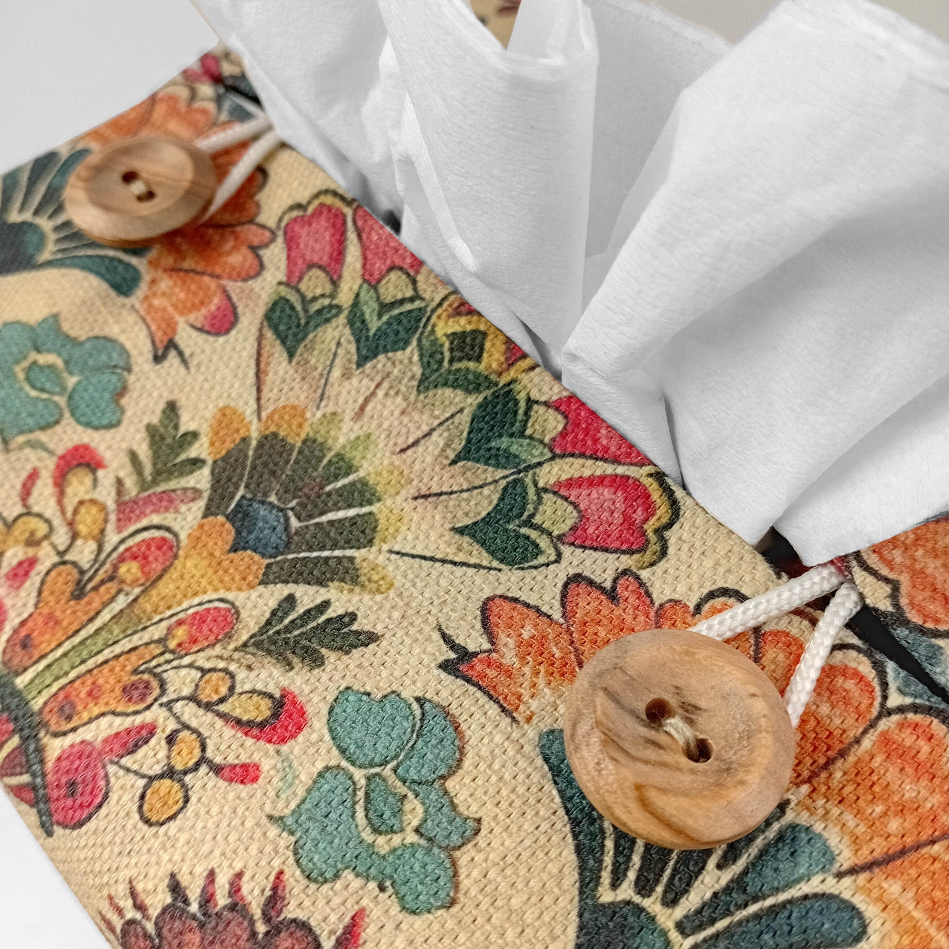 Close up view of square tissue box cover with buttons