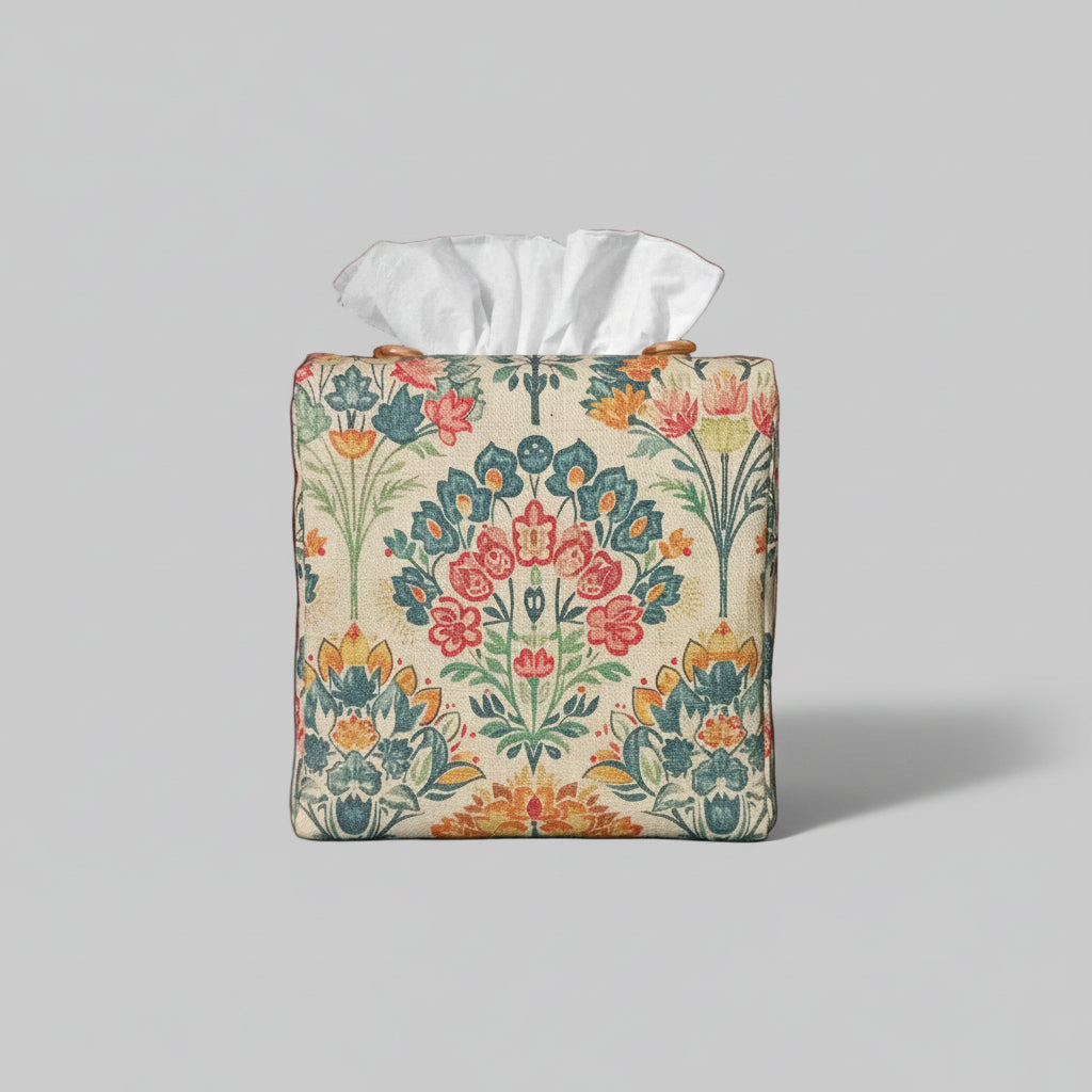 Square tissue box cover with a colourful floral design on an antiqued tan background