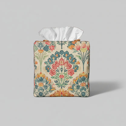 Square tissue box cover with a colourful floral design on an antiqued tan background