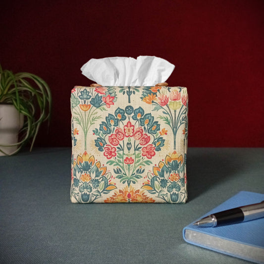 Cube tissue box cover with a colourful floral design on an antiqued tan background