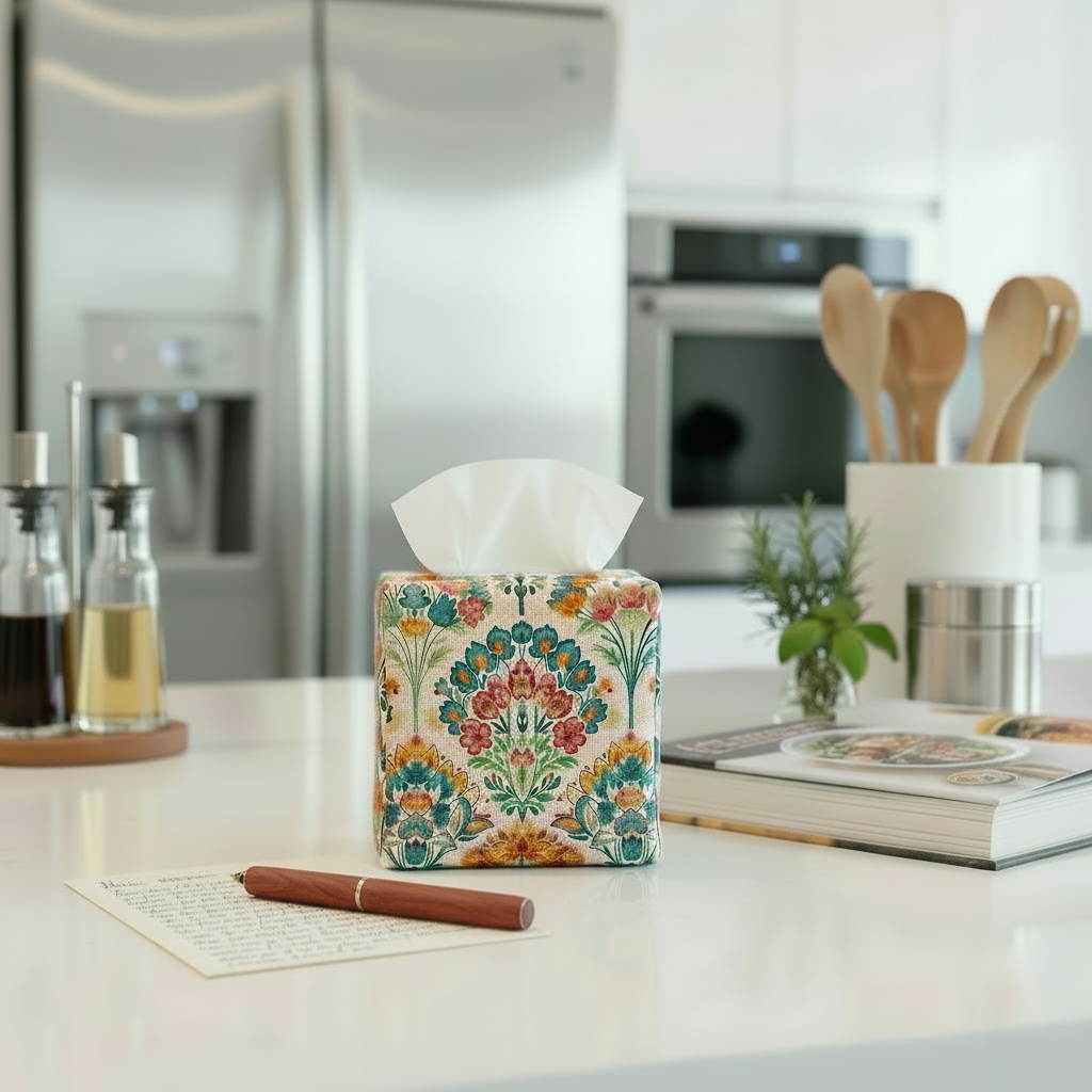 Square tissue box cover sitting on a kitchen countertop in a modern home kitchen