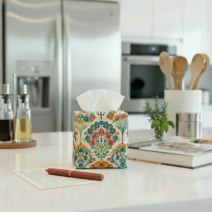 Square tissue box cover sitting on a kitchen countertop in a modern home kitchen