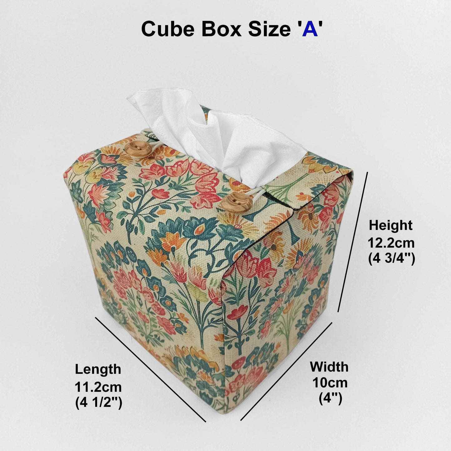Square tissue box cover with product details