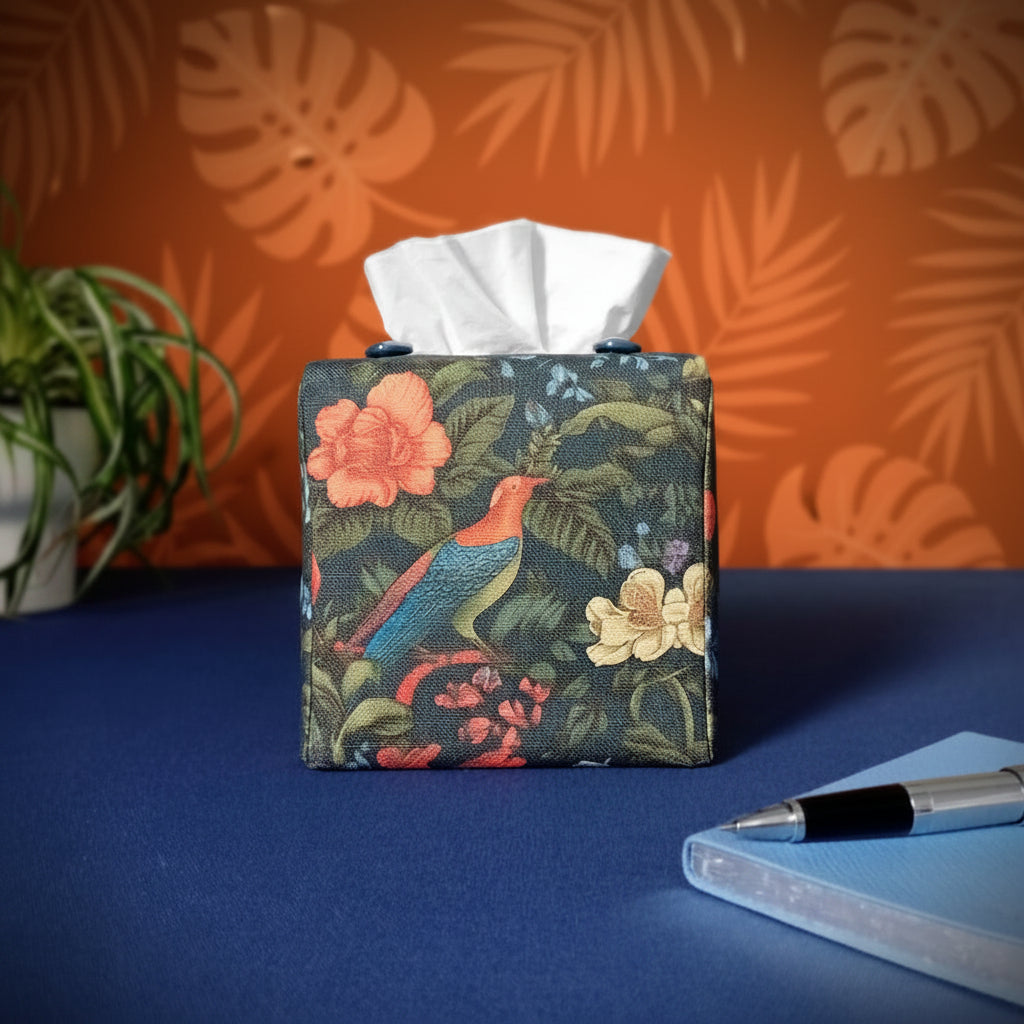 Square linen tissue box cover with a pen, notebook, and plant