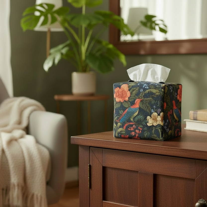 Square linen tissue box cover sitting on a cabinet in a contemporary home living room