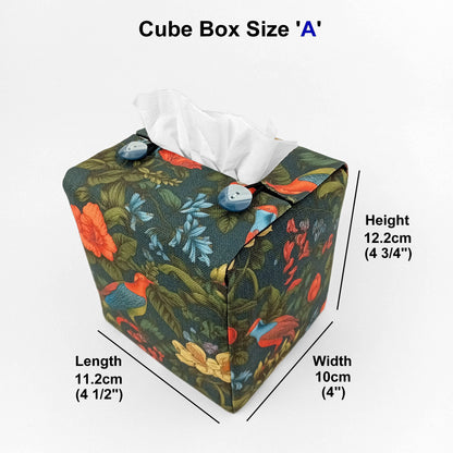 Square tissue box cover with product details