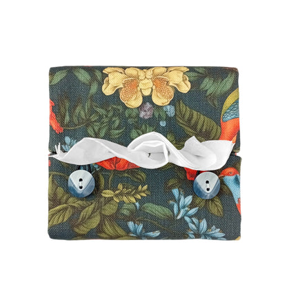 Top view of square linen tissue box cover with buttons