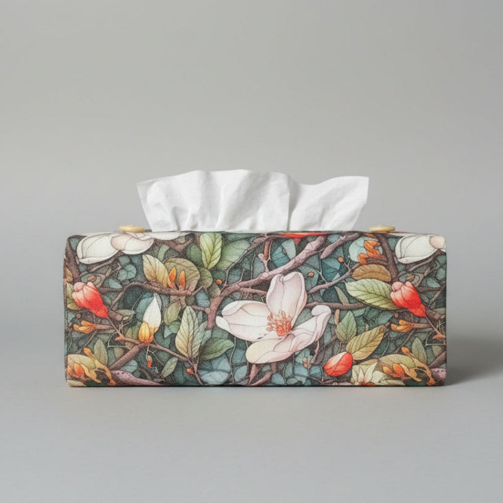 Linen tissue box cover with a lush garden pattern featuring magnolia blossoms and vines