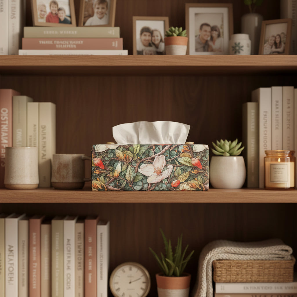 Linen rectangle tissue box cover sitting on a bookcase in a contemporary home