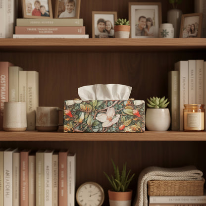 Linen rectangle tissue box cover sitting on a bookcase in a contemporary home