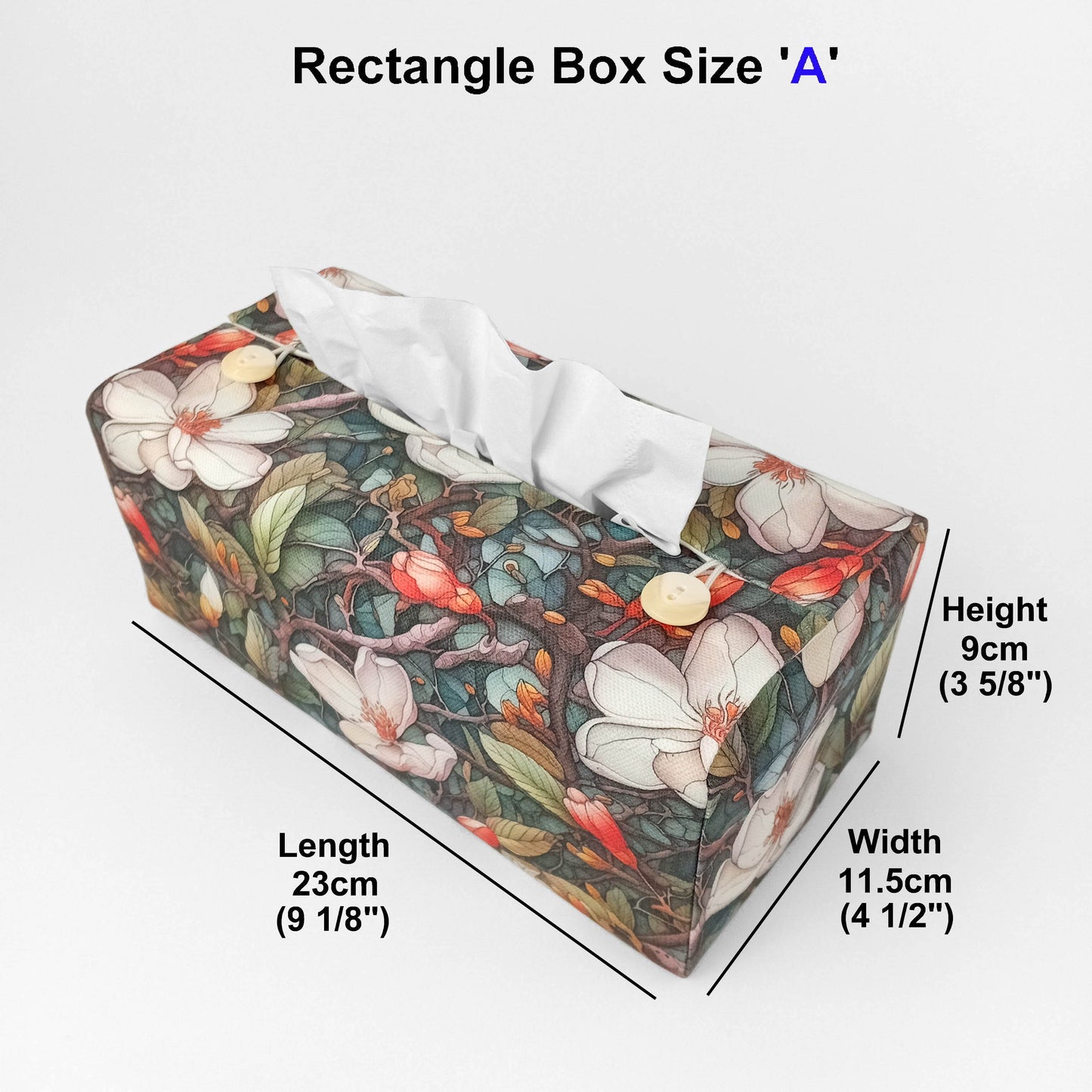 Linen rectangle tissue box cover with product details