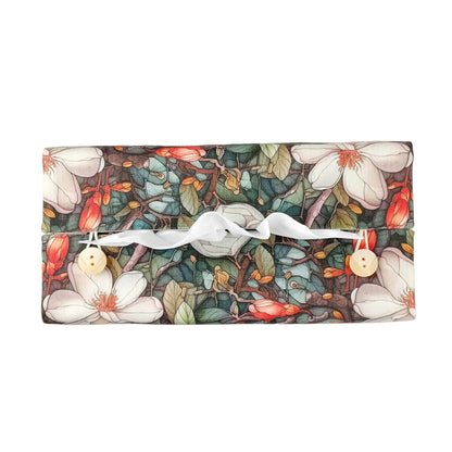 Top view of linen rectangle tissue box cover with buttons