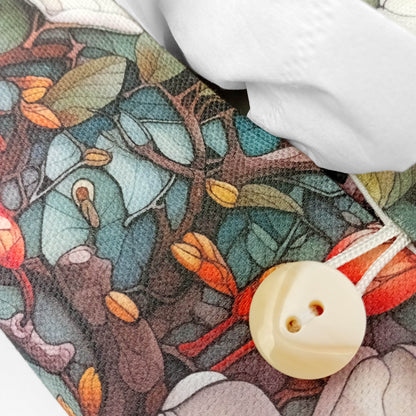 Close up view of linen rectangle tissue box cover with buttons