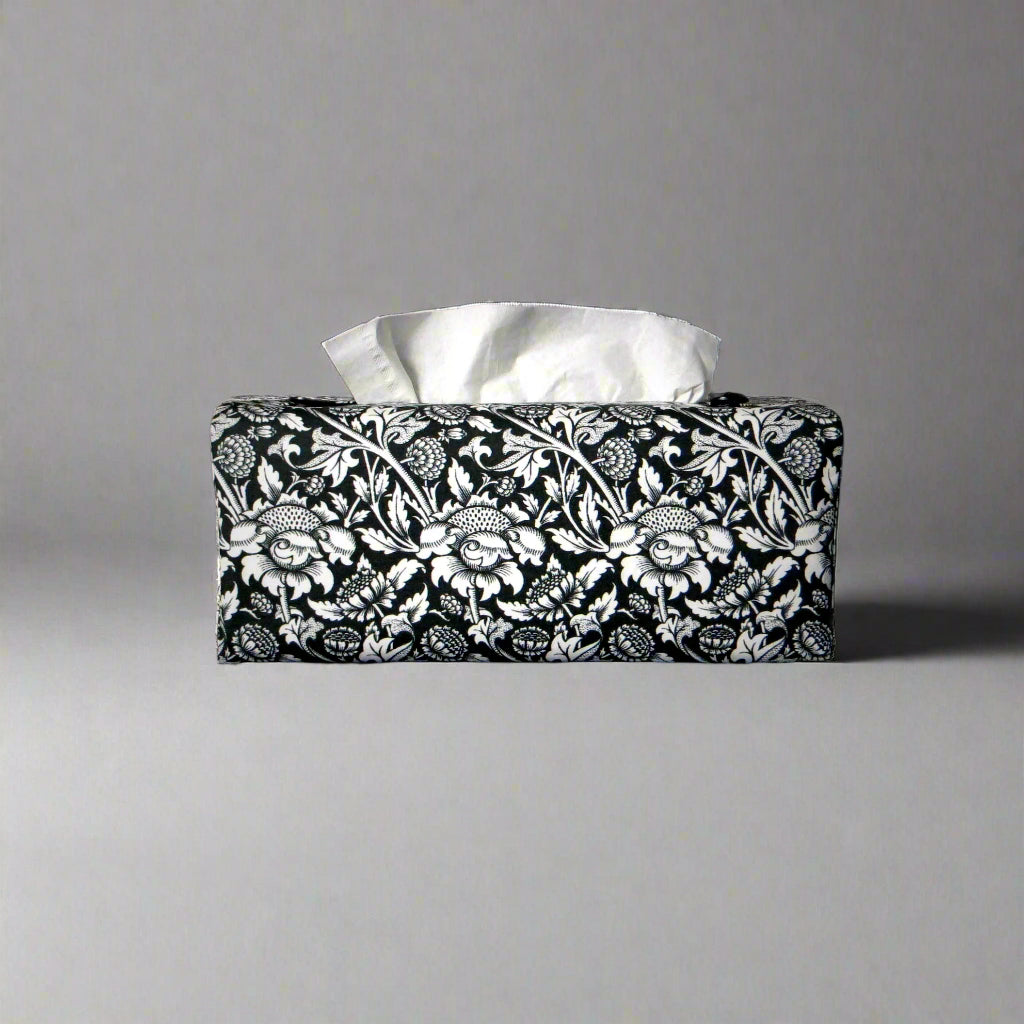 Rectangle tissue box cover with white flowering vine design on black background