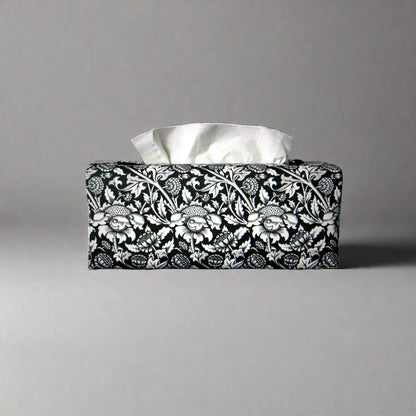 Rectangle tissue box cover with white flowering vine design on black background