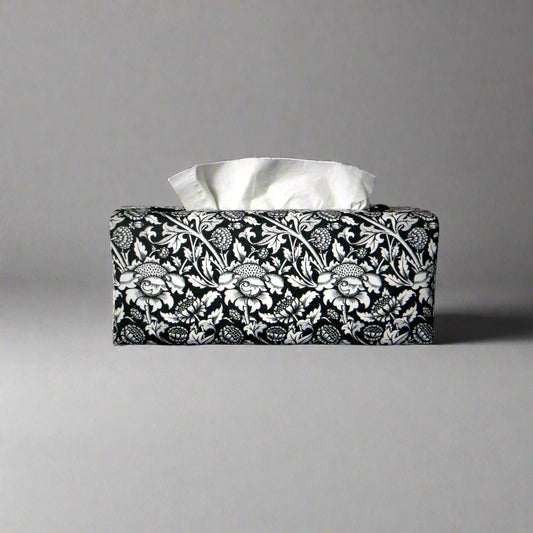 Rectangle tissue box cover with white flowering vine design on black background