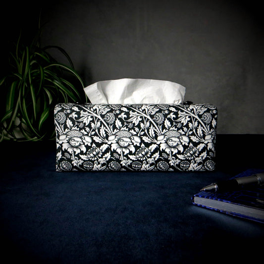 Rectangular Fabric Tissue Box Cover - Black and White Flowering Vines