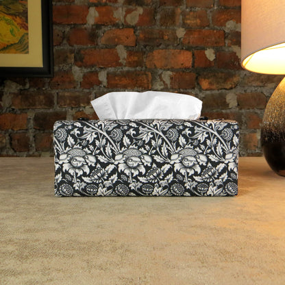Rectangle tissue box cover with white flowering vine design on black background