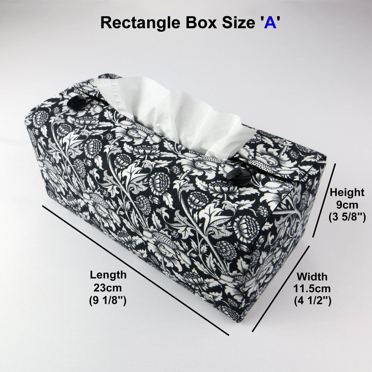 Rectangle tissue box cover  with white flowering vine design on black background