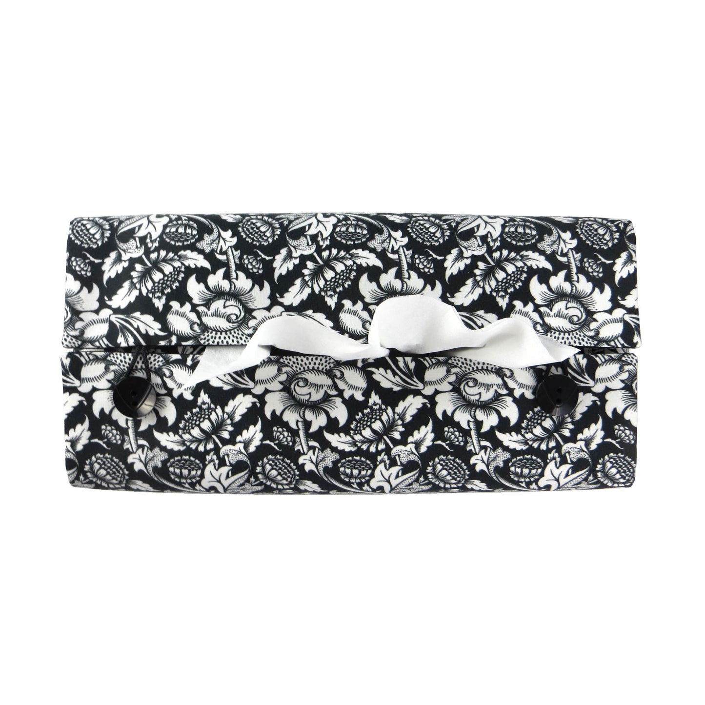 Rectangle tissue box cover with white flowering vine design on black background