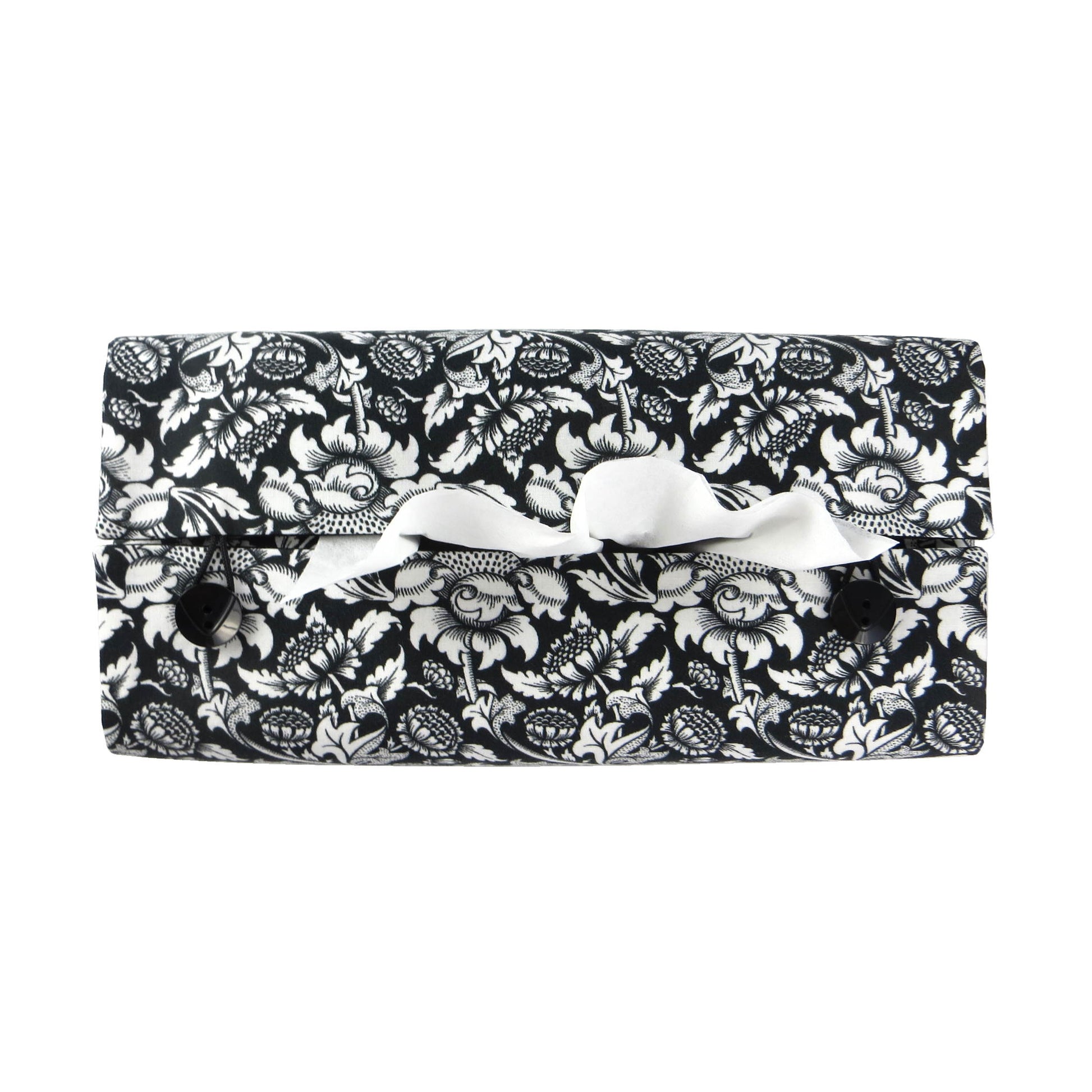 Rectangle tissue box cover with white flowering vine design on black background