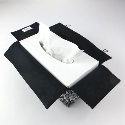 Rectangle tissue box cover with white flowering vine design on black background
