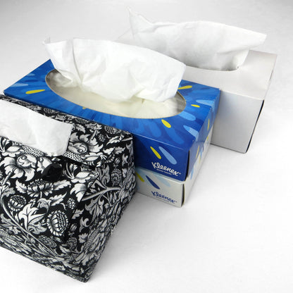 Rectangle tissue box cover with white flowering vine design on black background