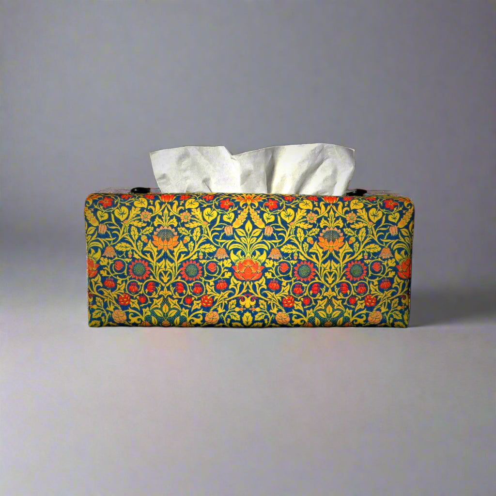 Rectangle tissue box cover with orange flowers and yellow vines design on blue background