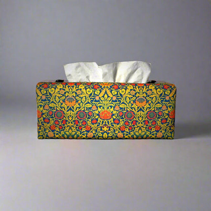 Rectangle tissue box cover with orange flowers and yellow vines design on blue background