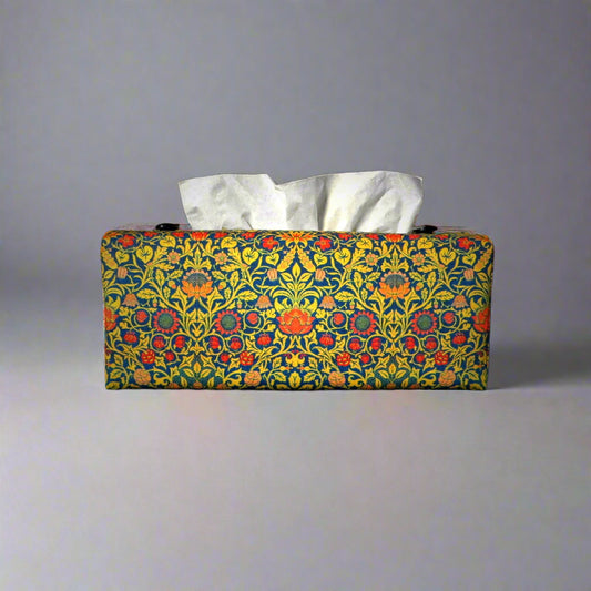 Rectangle tissue box cover with orange flowers and yellow vines design on blue background