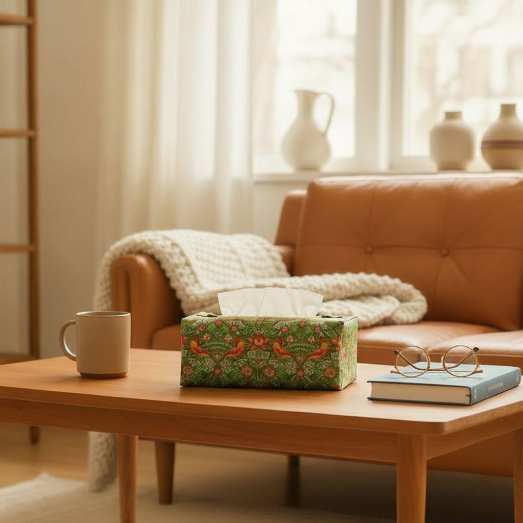 Rectangle tissue box cover sitting on a coffee table in a contemporary home living room