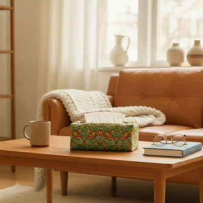 Rectangle tissue box cover sitting on a coffee table in a contemporary home living room