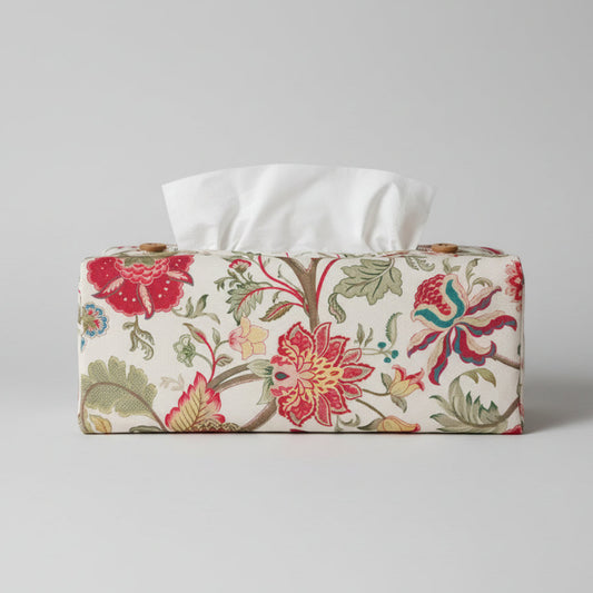 Linen rectangle tissue box cover with a colourful botanic pattern