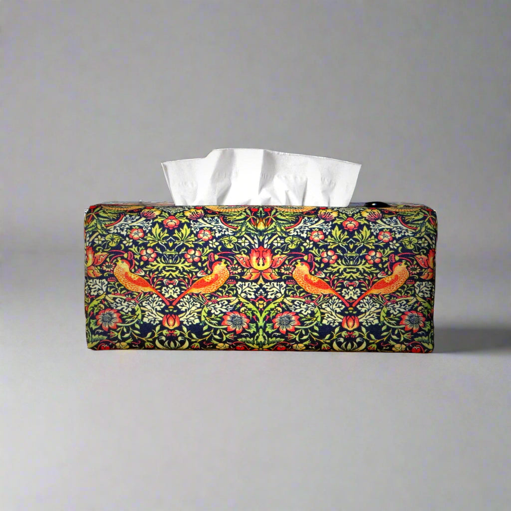 Rectangle tissue box cover with birds and berries design on dark blue background
