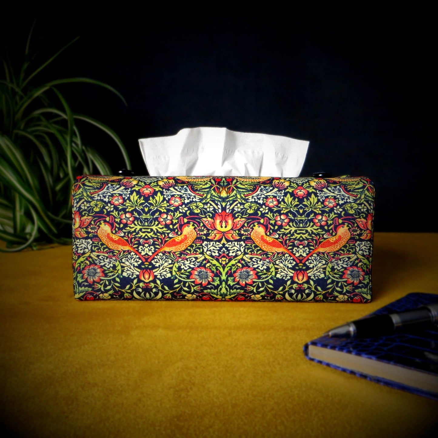 Rectangular Fabric Tissue Box Cover - Birds and Berries on Midnight Blue Design