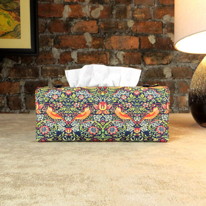 Rectangle tissue box cover with birds and berries design on dark blue background