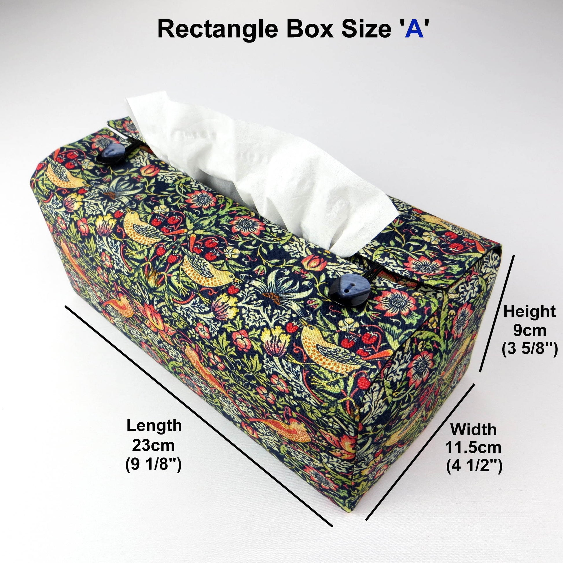 Rectangle tissue box cover with birds and berries design on dark blue background